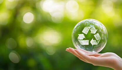 Hand holding a glass ball with a recycling symbol on a green blurred background