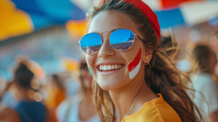 Wall Mural - A woman wearing sunglasses and a red hat is smiling at the camera