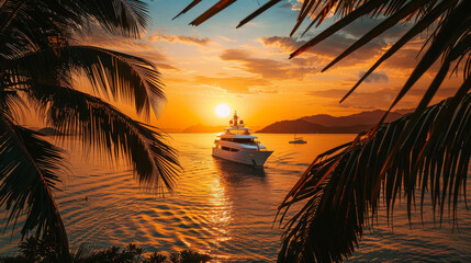 Poster - A large boat is sailing in the ocean at sunset