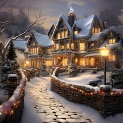 Wall Mural - Winter night in the village. Christmas and New Year. Digital painting.