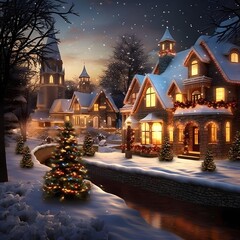 Wall Mural - christmas village with christmas tree and snowfall - 3d illustration