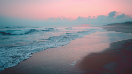 Poster - A beautiful beach with a pink and blue sky