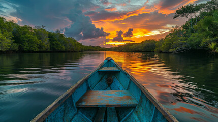 Canvas Print - A boat is floating on a river with a beautiful sunset in the background