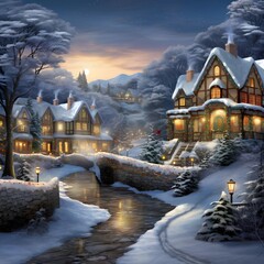 Wall Mural - Winter night in the village. Christmas and New Year's background.