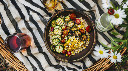 Wall Mural - a summer grain bowl featuring couscous, grilled zucchini, cherry tomatoes, corn, and a balsamic glaze, arranged on a picnic blanket with a refreshing drink beside it