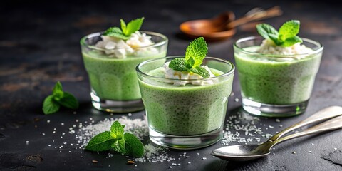 A tempting and healthy matcha green tea chia seed pudding dessert topped with fresh mint and coconut flakes served on a sleek black background perfect as a breakfast option