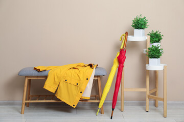 Wall Mural - Colorful umbrellas, coat on bench and houseplants near beige wall