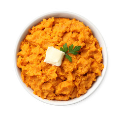 Sticker - Delicious mashed sweet potatoes with butter and parsley in bowl isolated on white, top view