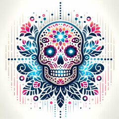 Flat Glowing Sugar Skull with Digital Floral Patterns concept as A digital composition featuring a glowing sugar skull surrounded by intricate floral patterns in an abstract style representing the bea