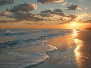 Canvas Print - Gentle waves lap the shore during a serene sunset at a tranquil beach on a calm evening with vibrant clouds reflecting the orange sky