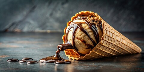 Delicious ice cream scoop on a crispy waffle cone drizzled with chocolate sauce, tasty, close up, food photography, refreshing, treat, indulgence, cone, snack, culinary art, dessert menu