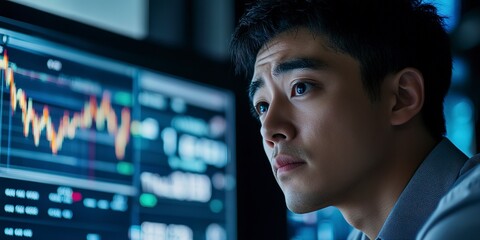 Aufkleber - A sad asian man looking at a display with stock exchange data and chart graphs