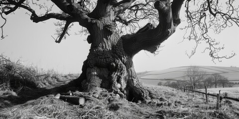 A tree stands alone in a open field