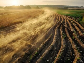 Dust rises over freshly plowed fields at sunset, creating a beautiful scene of nature’s agricultural beauty in rural landscapes