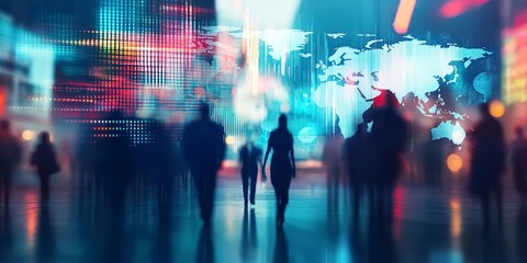 Poster - Charting Success: Harnessing Market Insights. A stock market graph and business people in motion on a double exposure background, with a blurred world map