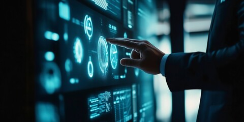 Poster - a man in a suit is touching a digital screen 