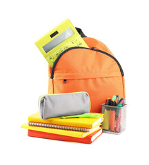 Canvas Print - Backpack with different school stationery isolated on white