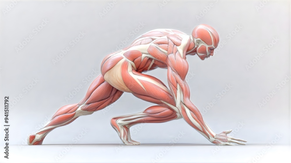 Sprinter Posw Muscular System in Athletic Pose: A muscular system illustration of a ...