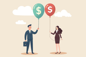 illustration of a male entrepreneur and a female entrepreneur each holding a balloon with a dollar bill symbol, a symbol of the influence of capital on financial income