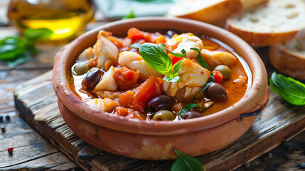 Wall Mural - a Mediterranean fish stew, with pieces of white fish, tomatoes, and olives, garnished with fresh basil, served in a rustic clay bowl with a side of crusty bread on a weathered wooden table