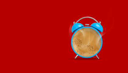 Wall Mural - Light blue alarm clock with coffee instead of dial on red background, banner design. Space for text