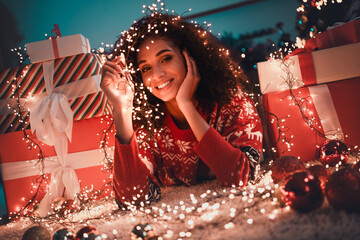 Canvas Print - Photo of lovely cheerful girl lying floor dreamy garland dressed ornament garment cozy christmas party decor spacious house indoors room