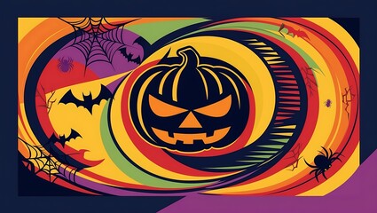 Wall Mural - Stylized Halloween-themed graphic with a central jack-o’-lantern, surrounded by concentric circles in various colors, and includes bats, spiderwebs, and a spider, creating a vibrant and festive design