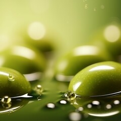 Poster - Olive bubble with water droplets on it, representing air and fluidity. Web banner with copy space for photo text or product, blank empty copyspace