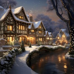 Wall Mural - Winter landscape with houses and a river at night. 3d illustration