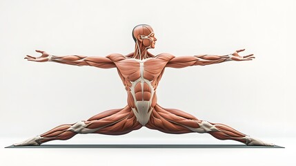 Muscular System in Yoga Pose: An illustration of the muscular system during a yoga pose, highlighting the muscles engaged in balance and stretch. 
