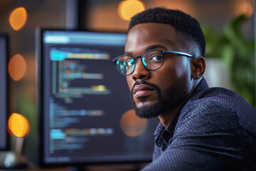 Modern Office: Portrait of Motivated Black IT Programmer Working on Laptop Computer. Male Specialist Create Website, Software Engineer Develop App, Program, Video Game. Stress Free Inclusive Space