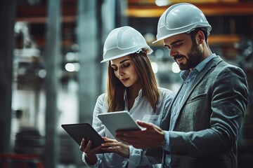 Two professionals in hard hats use tablets on a construction site, reviewing plans and collaborating for project success.