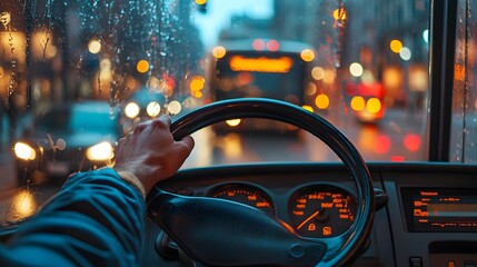 A hand gripping the steering wheel of a city bus on a rainy evening.