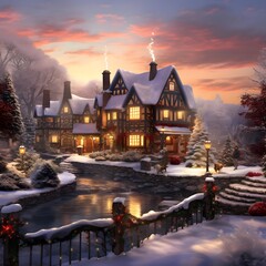 Wall Mural - Winter landscape with a house and a river at sunset. Digital painting.