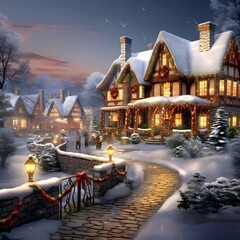 Wall Mural - Winter night in the village, Christmas and New Year. Digital painting.