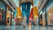 © YURIMA - Capturing a stylish scene in a modern mall where a person is seen carrying numerous brightly colored shopping bags, reflecting the aspects of consumerism and retail therapy in a trendy indoor setting