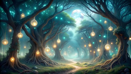 Wall Mural - Whispers of the Ancient Grove: A Nocturnal Symphony of Moonlight and Magic  AI generated