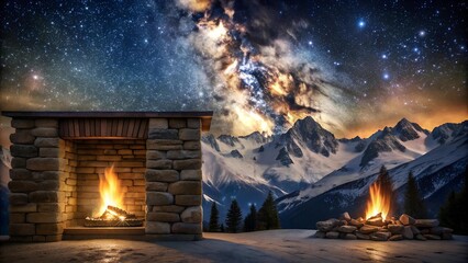 Wall Mural - Warmth and Wonder: A Rustic Fireplace with a View  generative AI