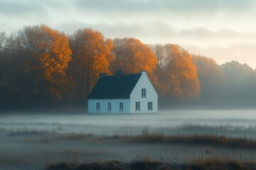 White house in foggy autumn countryside with serene rural landscape and fall colors