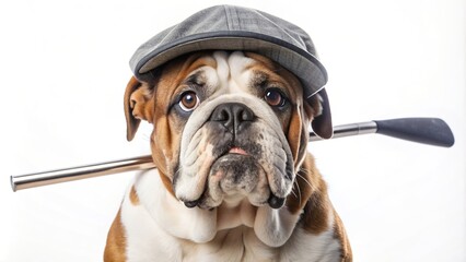 Wall Mural - An English bulldog wearing a baseball cap and holding a golf club is standing against a white background, funny, amusing, unique, playful, sports, accessories, adorable, canine, mascot