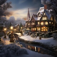 Wall Mural - Beautiful winter landscape with christmas trees and houses in the snow