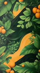 Wall Mural - Tropical Green Leaves and Orange Fruit Abstract Pattern