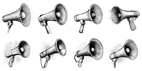 Poster - Set of collection of megaphone in stippling black isolated on white.