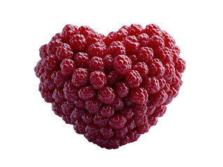 Heart-shaped raspberry arrangement on pink background.