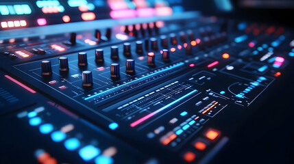 3D Icon as Music producer using a glossy digital mixing board in a studio concept as Camera movement Pan across the glossy digital mixing board used by the music producer. Scene A modern recording stu