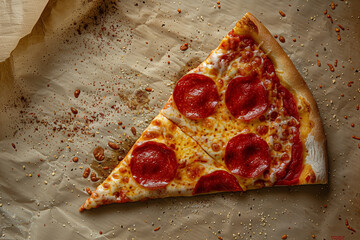 A delicious slice of pepperoni pizza on crumpled parchment paper ready to be enjoyed during a casual gathering or late-night snack