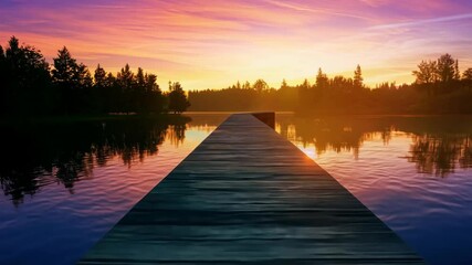 Wall Mural - Sunset reflections over a tranquil lake and wooden pier in the early evening