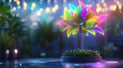 Poster - Neon Plant in Pot  Colorful Leaves  Glow  Bokeh  Night  Abstract