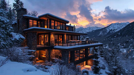 Poster - A large house with a stone roof and a large fireplace. The house is on a hill and has a beautiful view of the mountains. The house is lit up at night, giving it a warm and inviting atmosphere