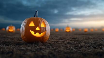 Wall Mural - halloween glowing jack-o'-lanterns pumpkins on field ground with dark clouds sky